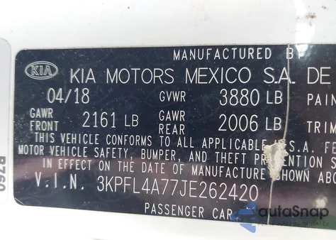 2018 Kia Forte Lx from USA, damaged, VIN 3KPFL4A77JE262420